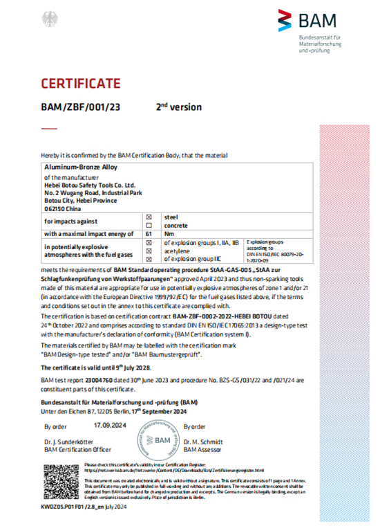 Certificado BAM de aleación de aluminio y bronce