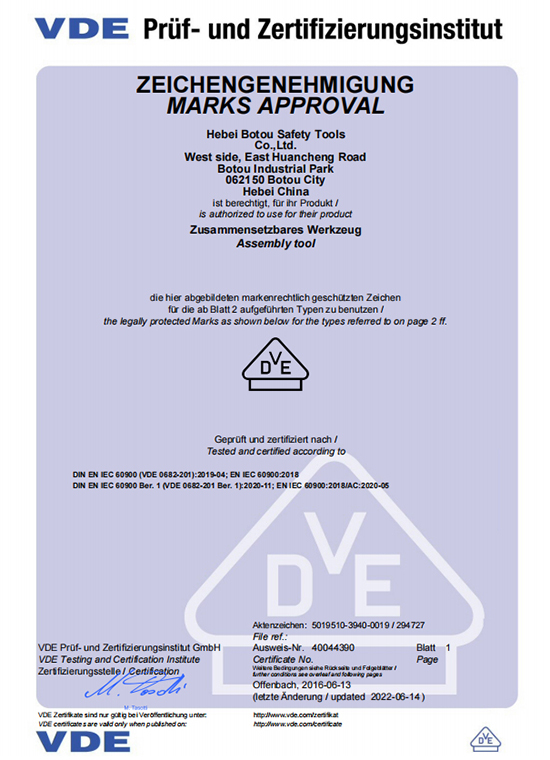 Certificado VDE de extensión para destornilladores