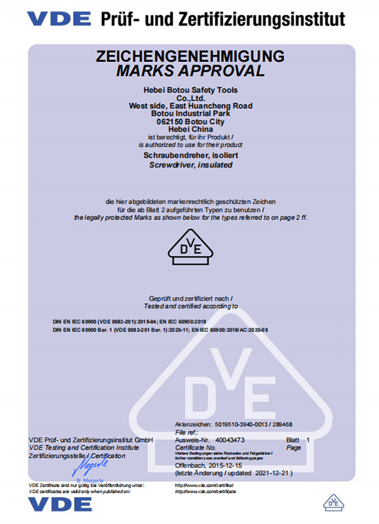 Certificado VDE del destornillador Phillips